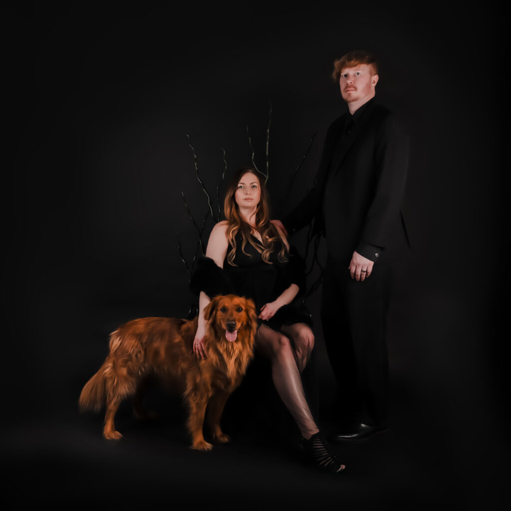 Elegant studio photography engagement photos with dog