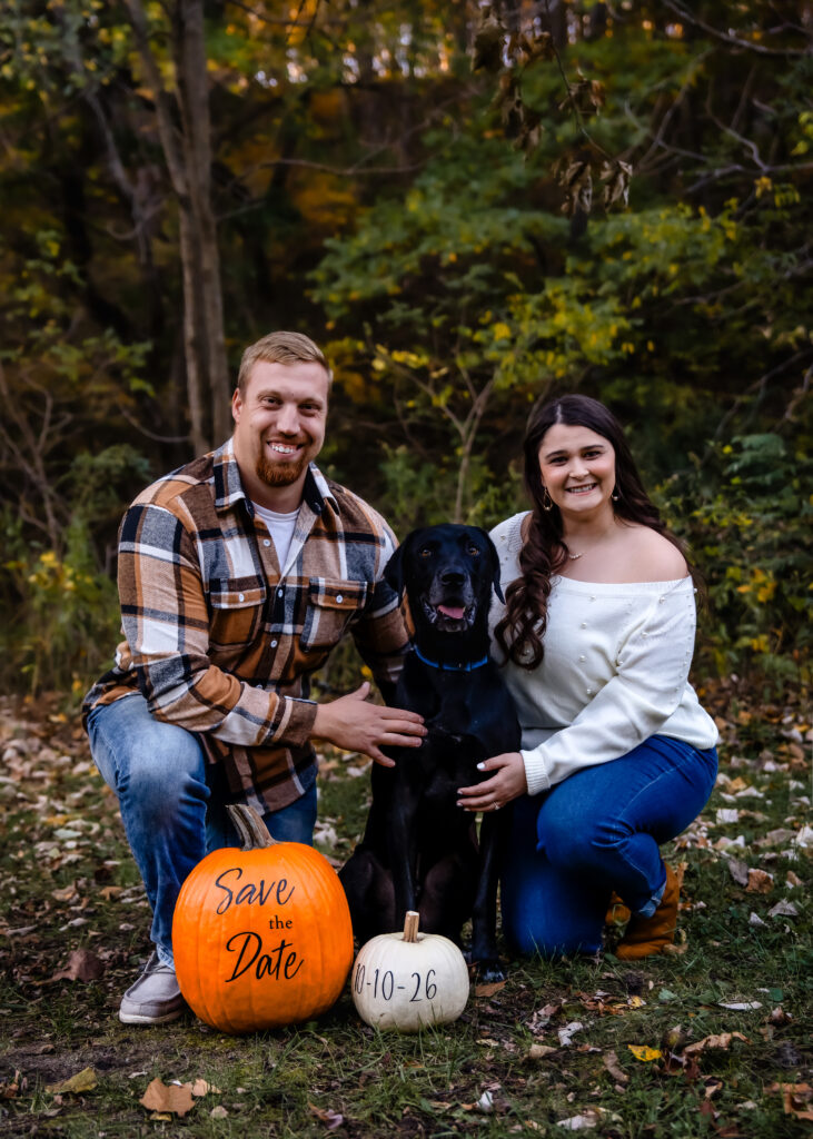 Engagement photos with dog save the date scenic park Des Moines Iowa