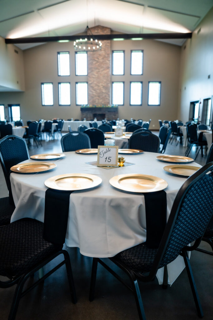 Reception space decor at Bluebird Hill Iowa wedding venue