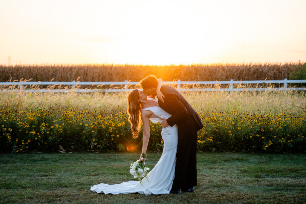 Sunset photos at 1868 Farmhouse Iowa Wedding Venue