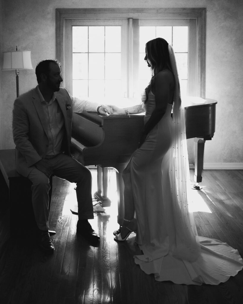 the Conrad Mansion Iowa indoor couples photos with piano