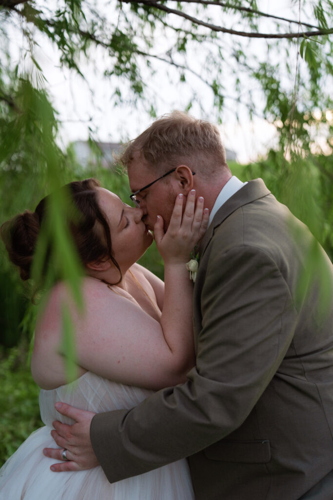 Couples photos under a willow tree at The Vineyard at St. Charles Iowa wedding venue of bride and groom on their wedding day